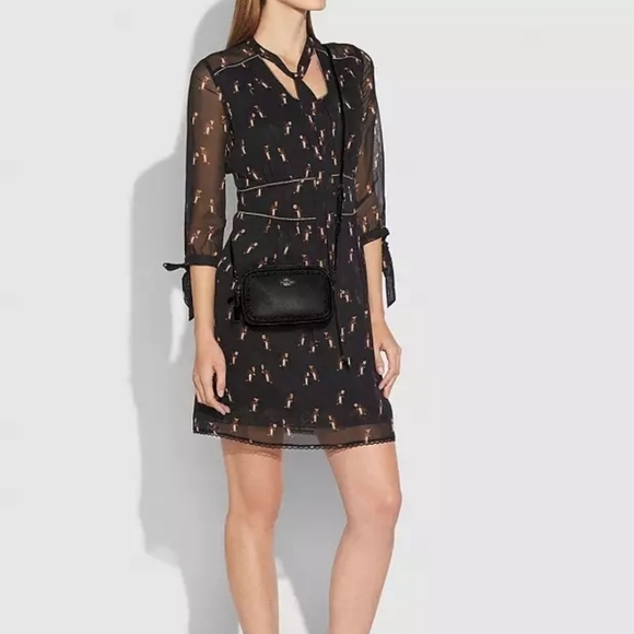 New Coach 1941 Penguin Print Tie Neck Knee Length Black Dress NWT Size 6 US - Picture 3 of 14